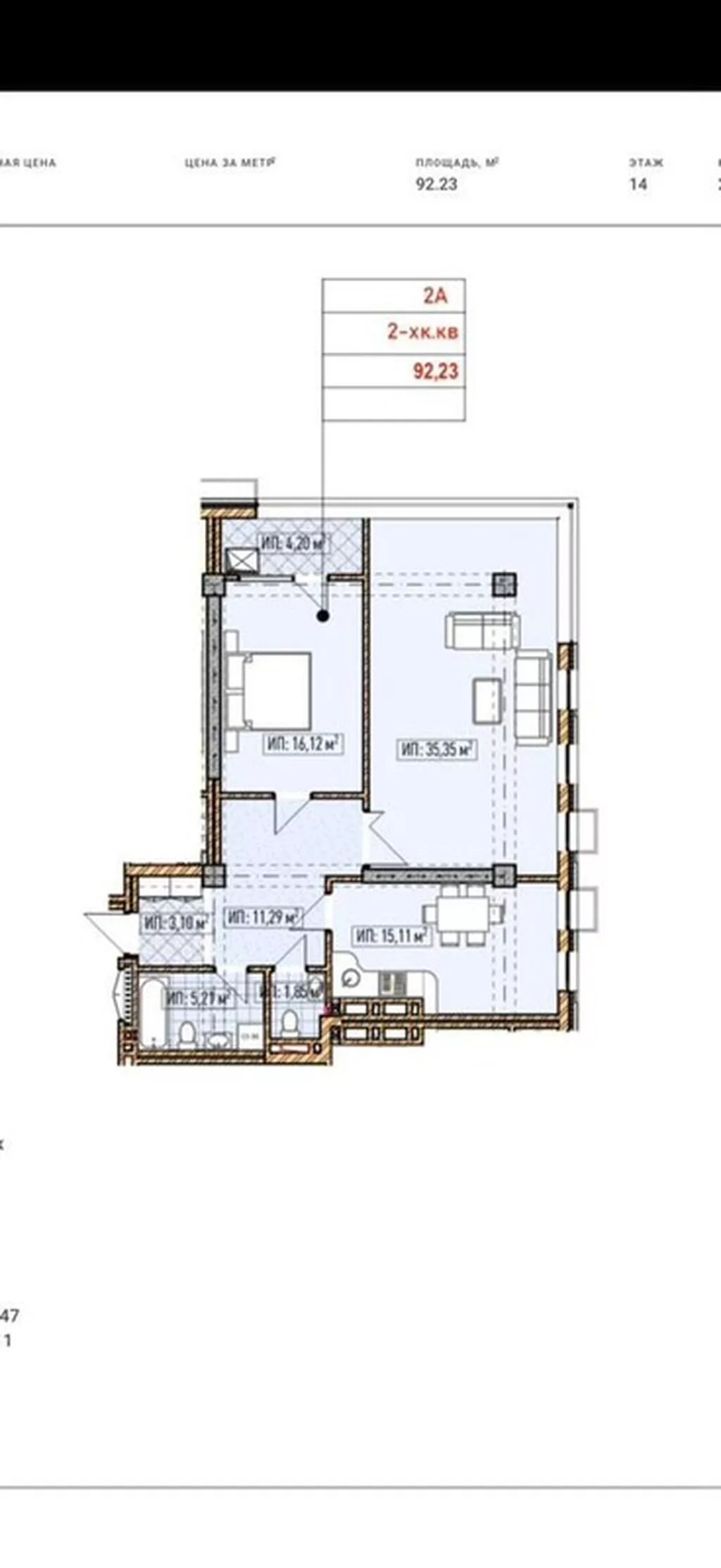 2 комнаты, 92 м², Элитка, 14 этаж, ПСО (под самоотделку)