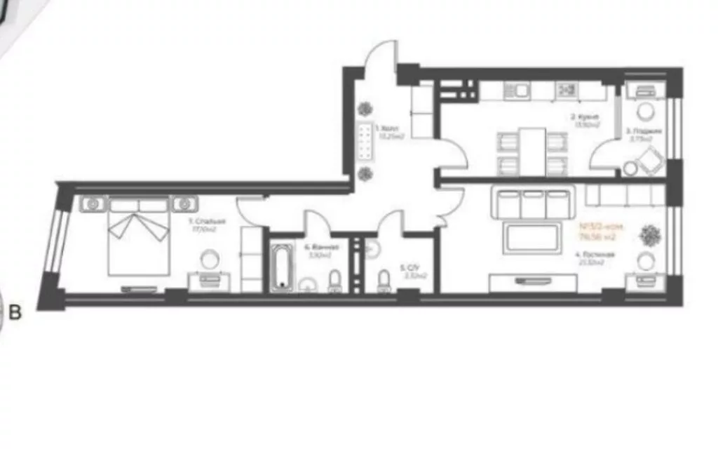 2 комнаты, 77 м², 12 мкр Элитка, 7 этаж, ПСО (под самоотделку)