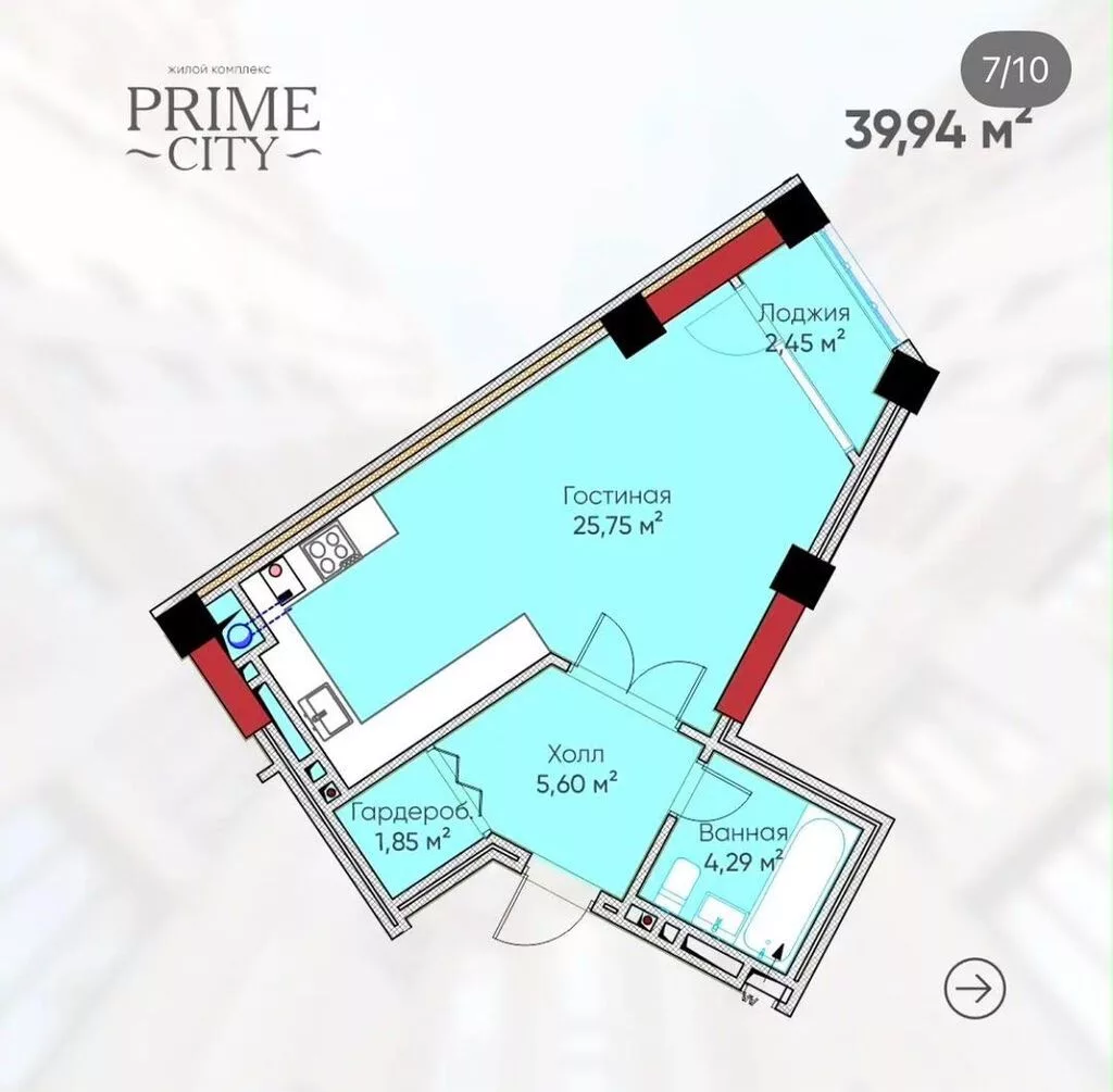 1 комната, 40 м², 6 мкр Элитка, 7 этаж, ПСО (под самоотделку)