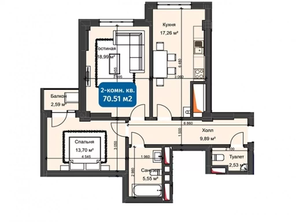 2 комнаты, 70 м², Кок-Жар ж/м Элитка, 2 этаж, ПСО (под самоотделку)
