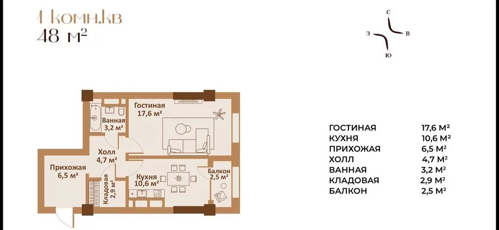 1 комната, 48 м², 6 этаж