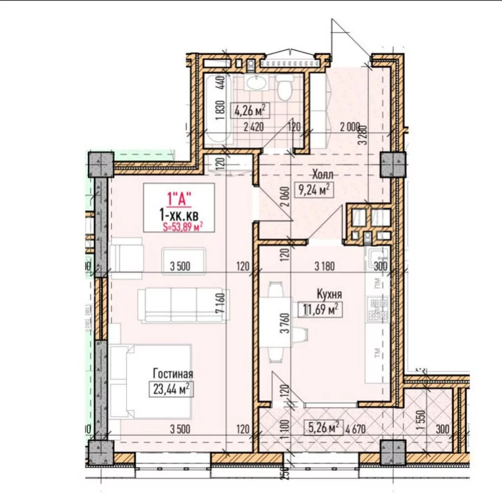 Строится, Элитка, 2 комнаты, 54 м²