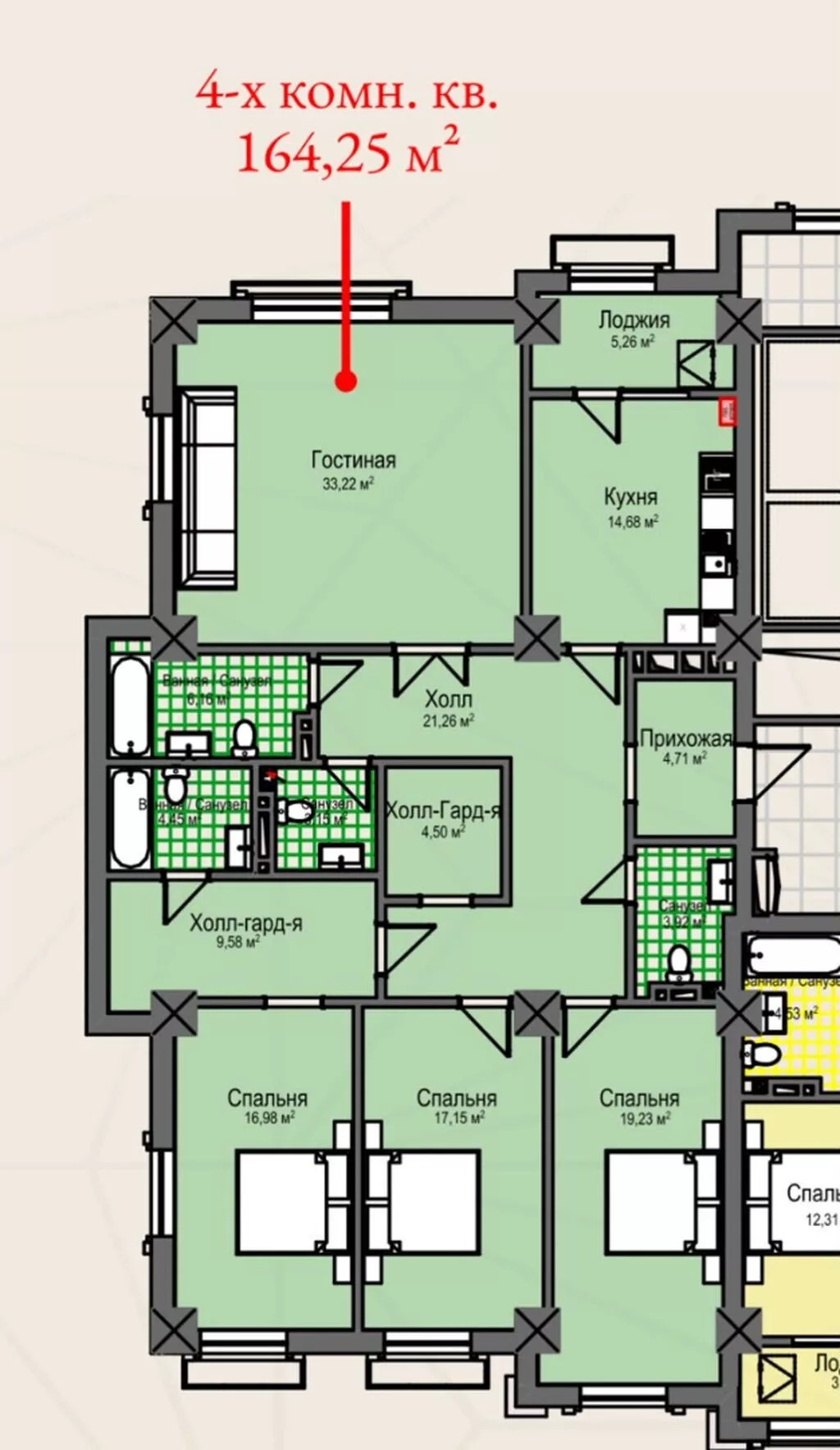 4 комнаты, 164 м², Асанбай мкр Элитка, 7 этаж, ПСО (под самоотделку)