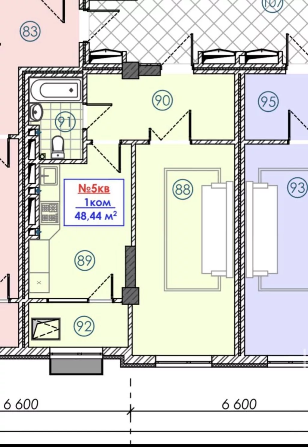1 комната, 48 м², АЮ Гранд Элитка, 6 этаж, ПСО (под самоотделку)