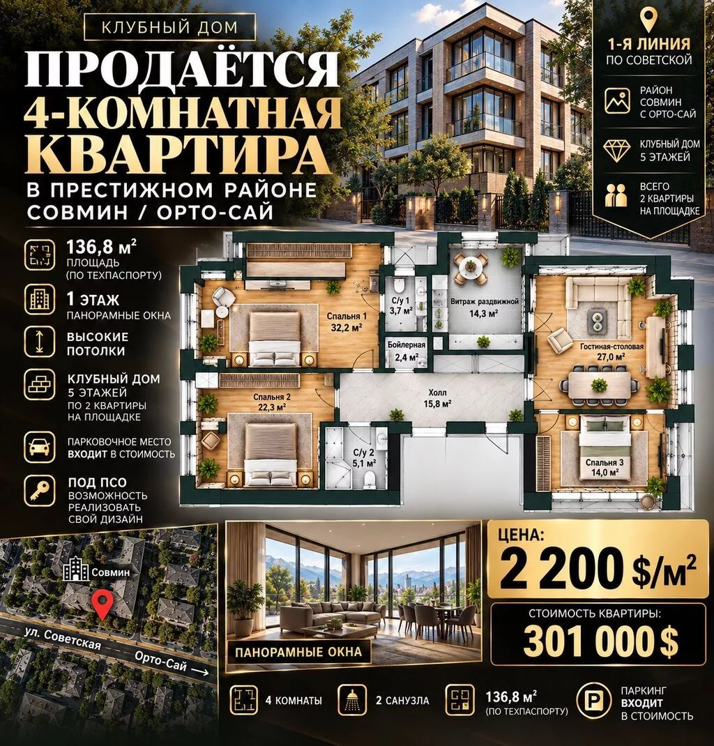 🏛 ПРОДАЁТСЯ ЭКСКЛЮЗИВНАЯ 4-КОМНАТНАЯ КВАРТИРА В КЛУБНОМ ДОМЕ! 💎