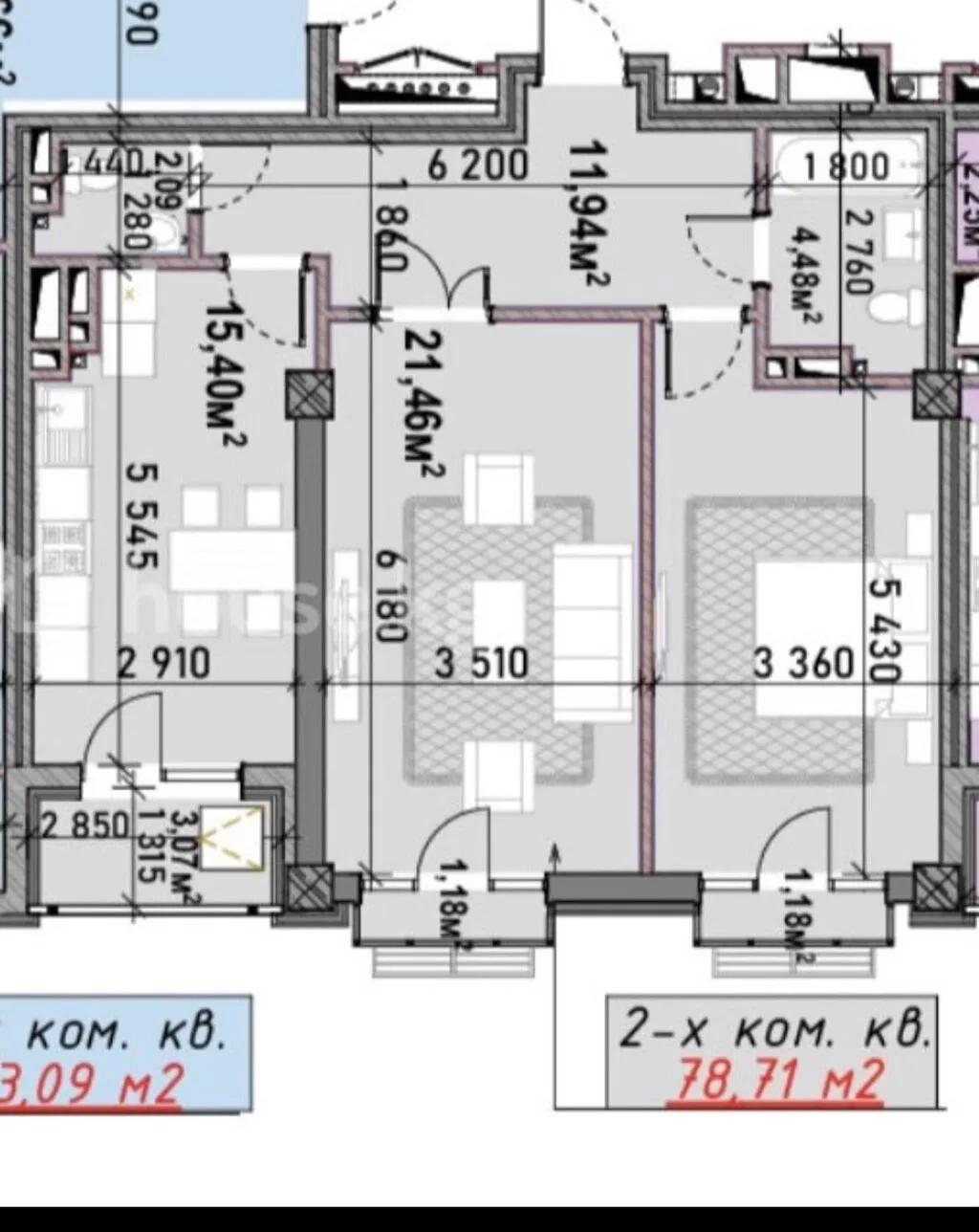 2 комнаты, 80 м², Элитка, 12 этаж, ПСО (под самоотделку)