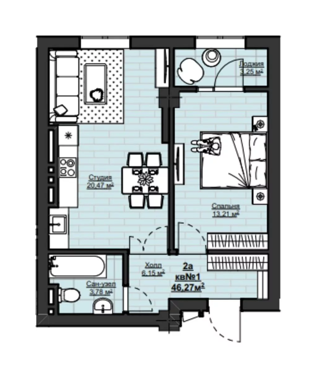 2 комнаты, 46 м²
