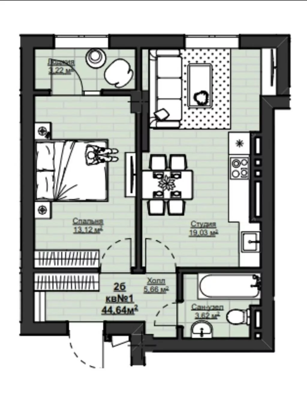 1 комната, 44 м², Элитка, 12 этаж, ПСО (под самоотделку)