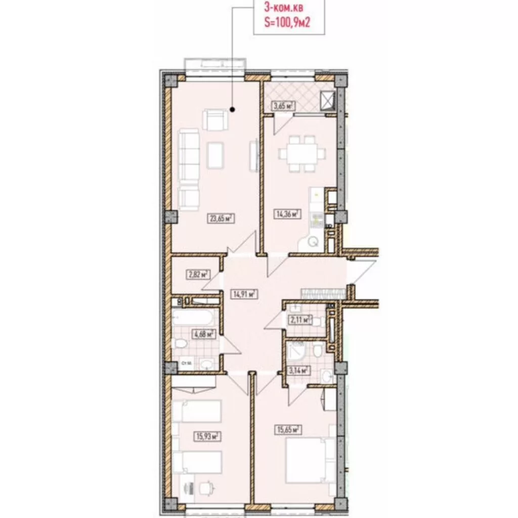Строится, Элитка, 3 комнаты, 100 м²