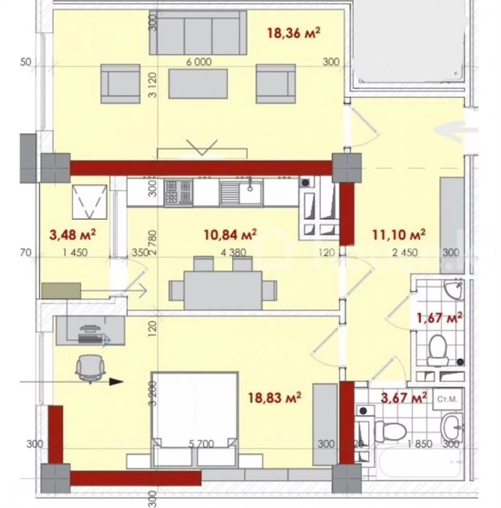 2 комнаты, 68 м², Южная Магистраль 9 этаж, ПСО (под самоотделку)