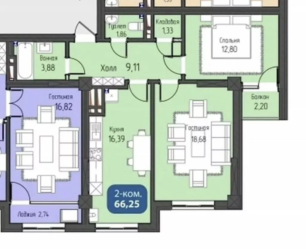 2 комнаты, 66 м², 10 этаж