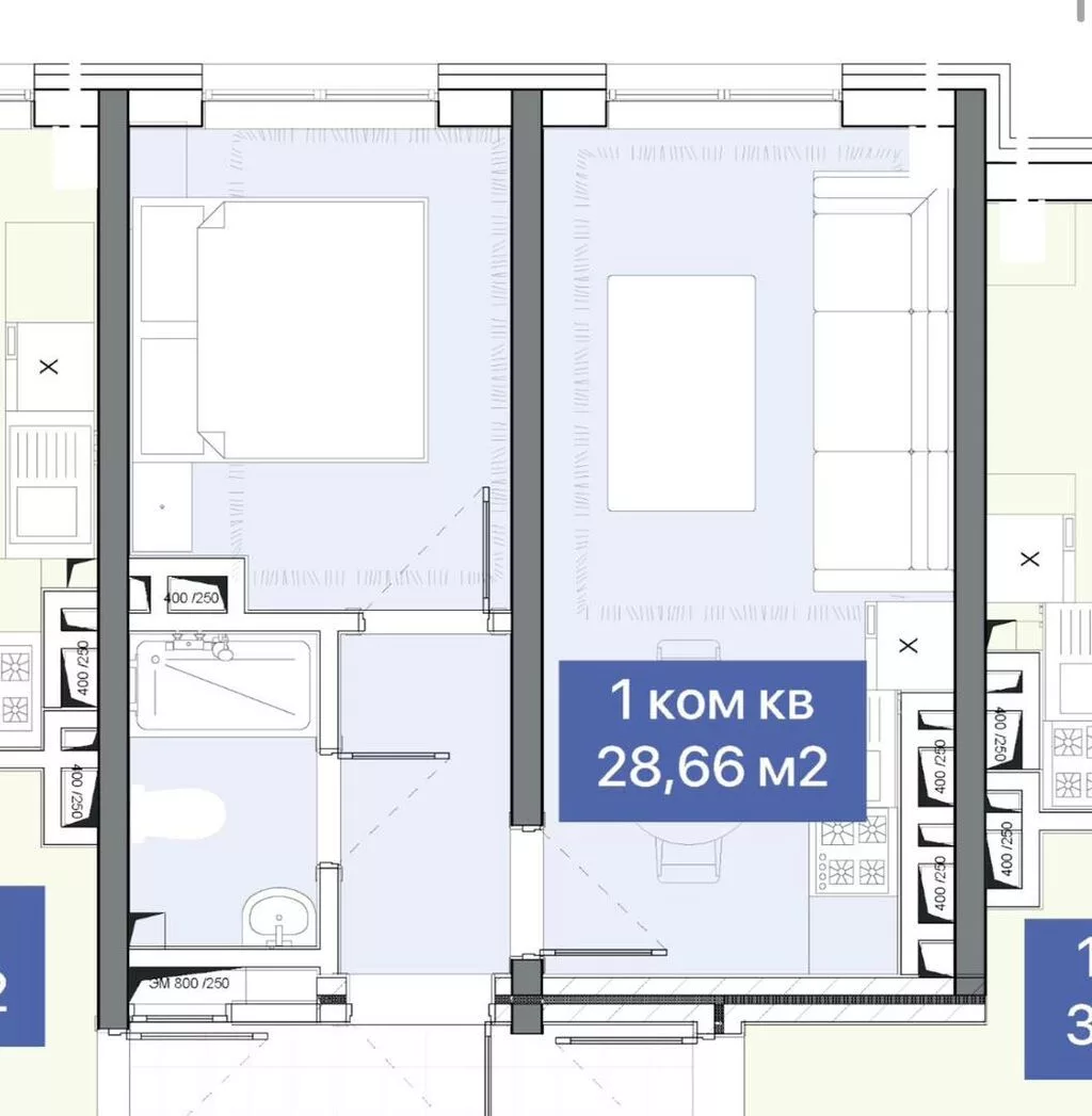 1 комната, 29 м², Ошский рынок / базар 2 этаж, ПСО (под самоотделку)