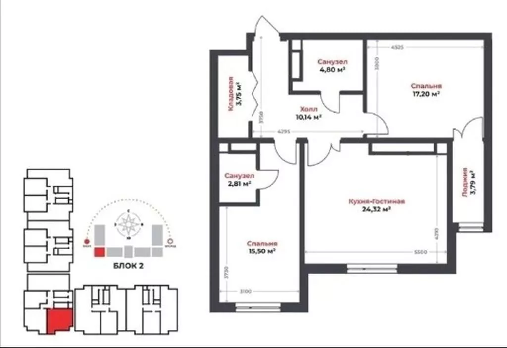 3 комнаты, 82 м², Технопарк Элитка, 7 этаж, ПСО (под самоотделку)