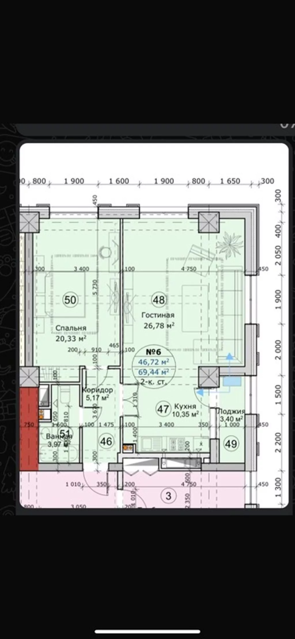 Строится, Элитка, 2 комнаты, 69 м²
