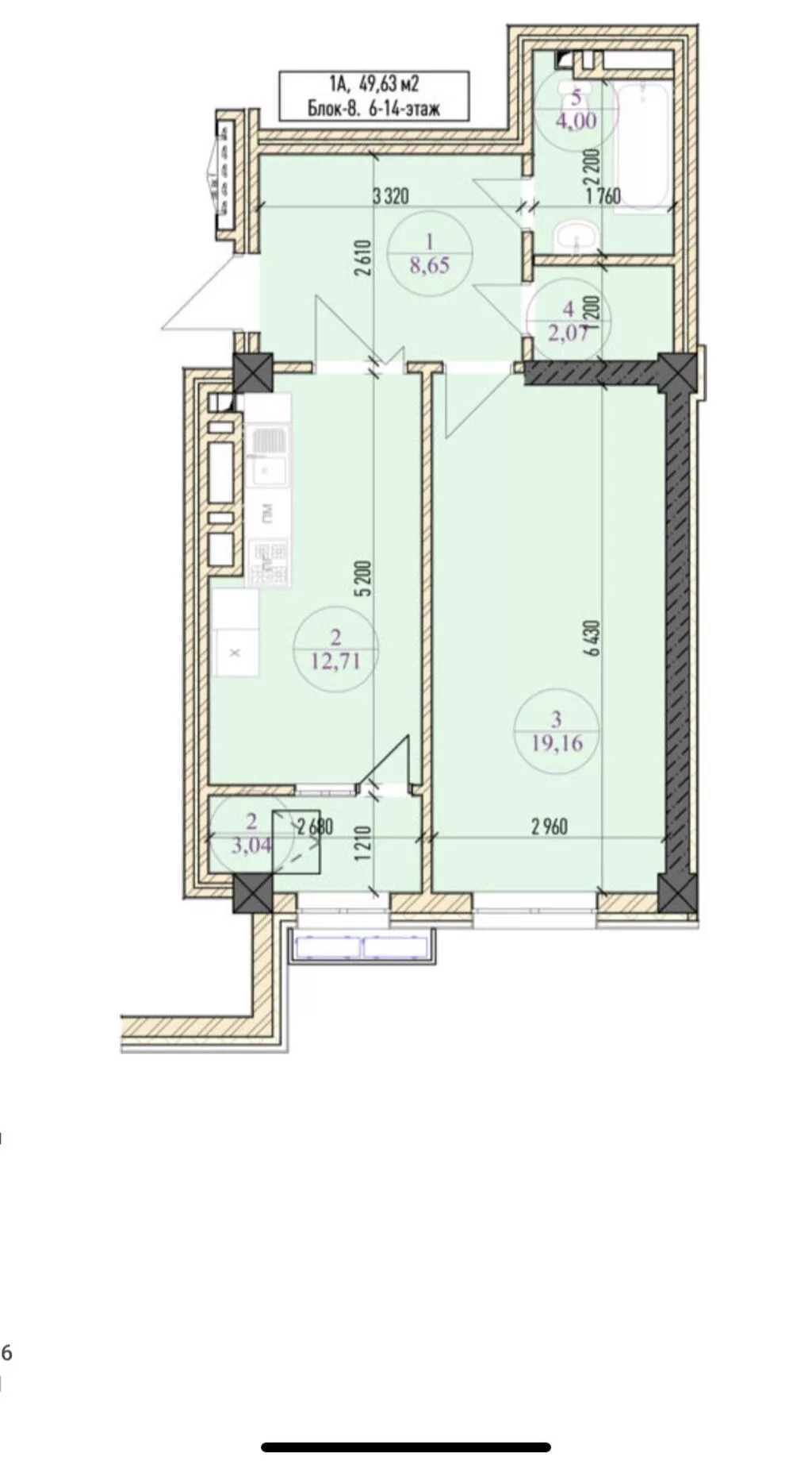 2 комнаты, 50 м², АУЦА Элитка, 12 этаж, ПСО (под самоотделку)