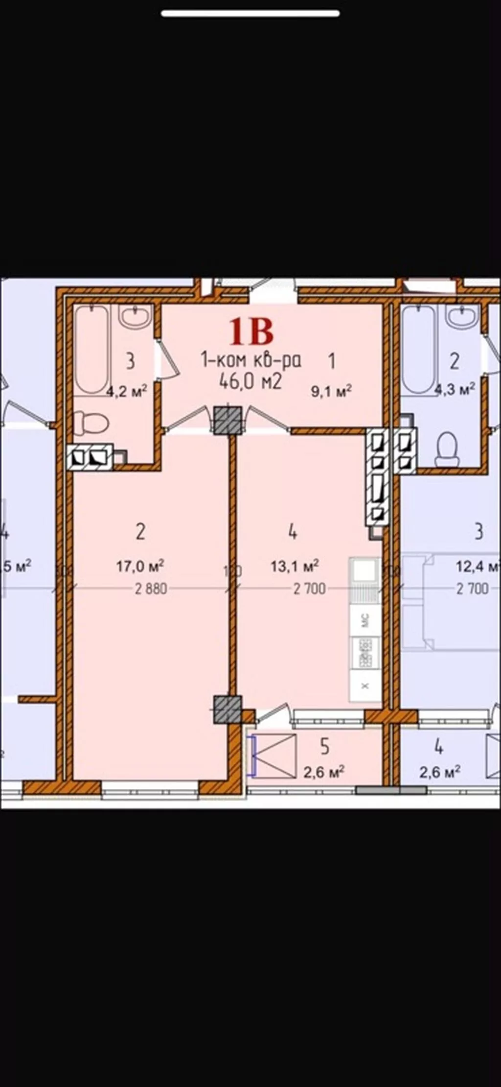1 комната, 46 м²