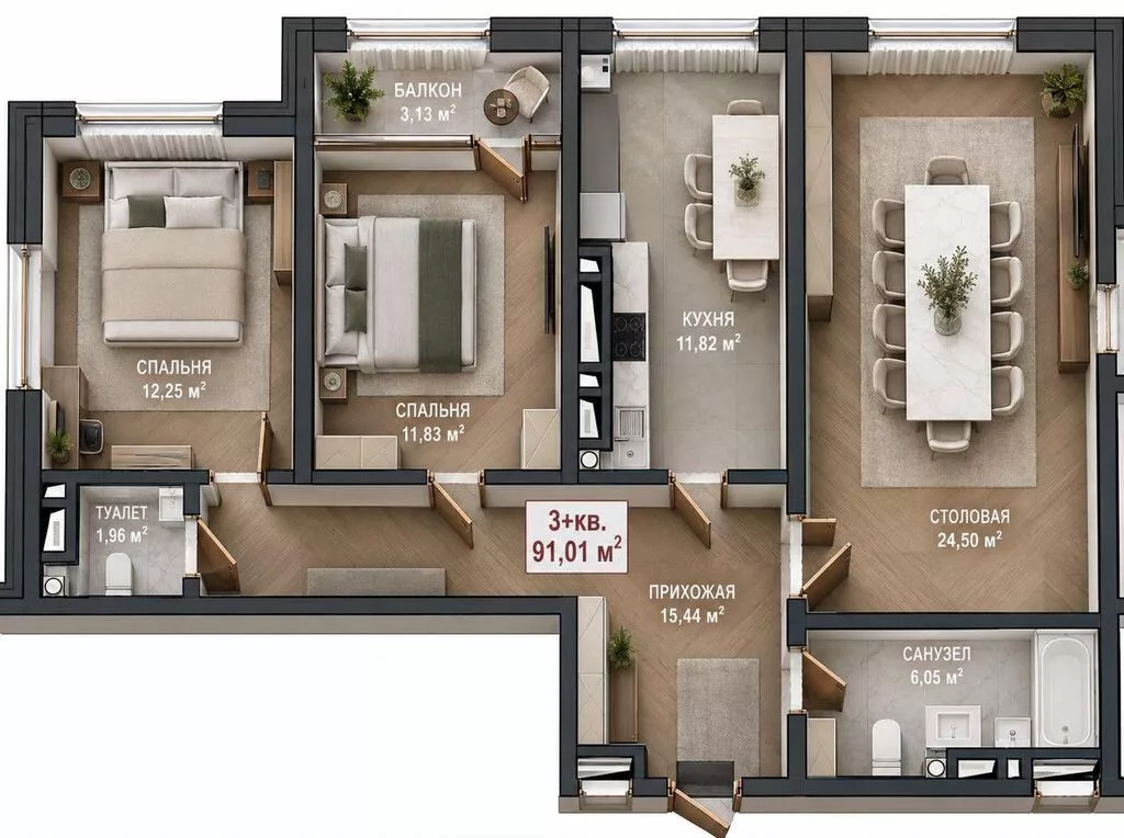 3 комнаты, 91 м², Южная Магистраль Элитка, 10 этаж