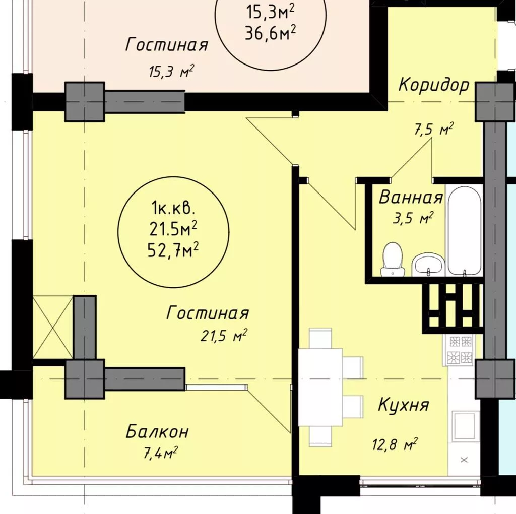 1 комната, 53 м², парк Фучика Элитка, 7 этаж, ПСО (под самоотделку)