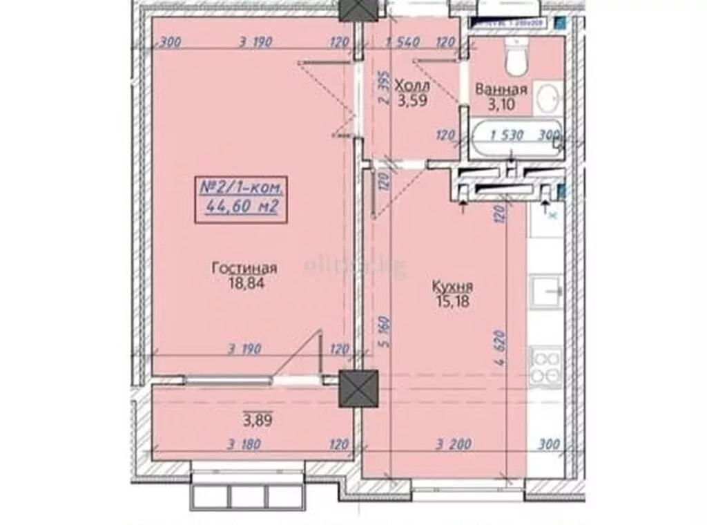 1 комната, 44 м², Восток-5 мкр Элитка, 7 этаж, ПСО (под самоотделку)
