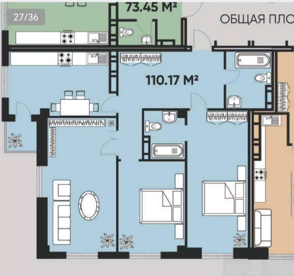 3 комнаты, 110 м², Гоин Элитка, 6 этаж, ПСО (под самоотделку)