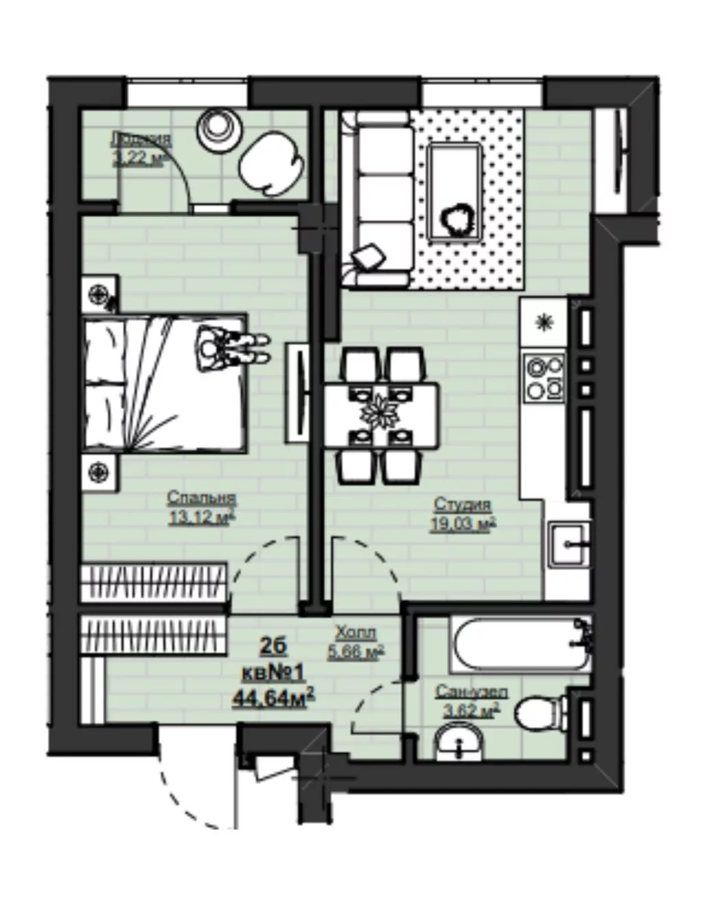 1 комната, 45 м², Асанбай мкр Элитка, 12 этаж, ПСО (под самоотделку)