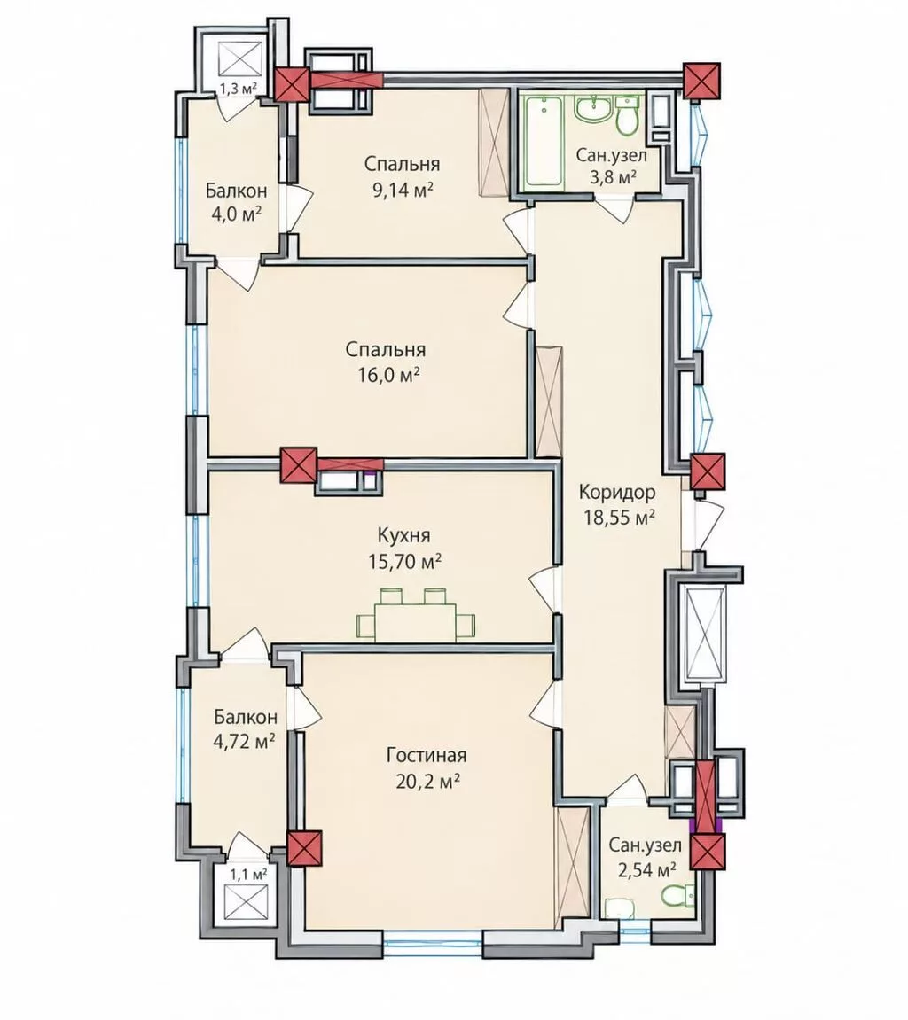 3 комнаты, 96 м², БГУ Элитка, 4 этаж, ПСО (под самоотделку)