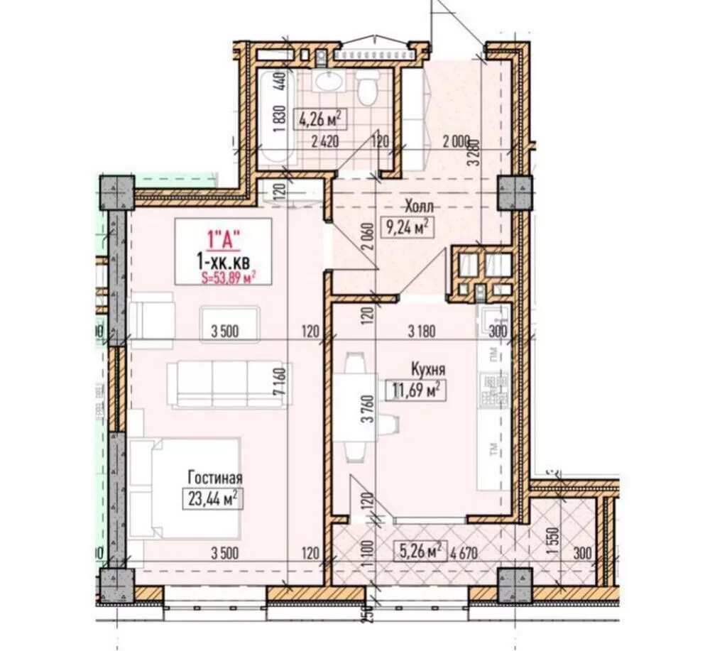Строится, Элитка, 1 комната, 54 м²