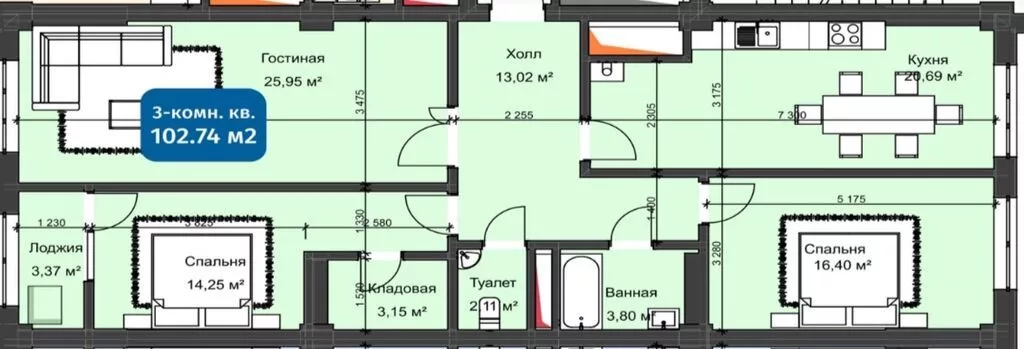 3 комнаты, 102 м², Элитка, 7 этаж