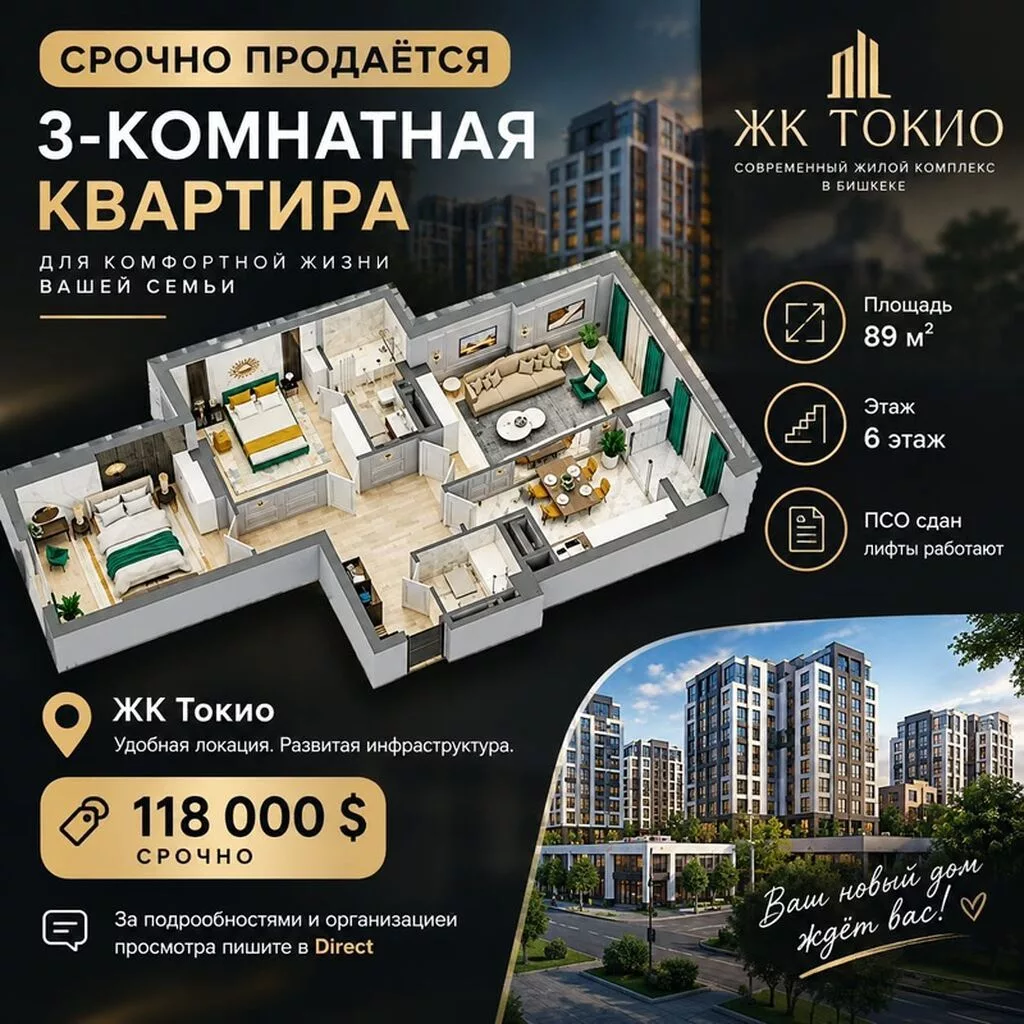 3 комнаты, 89 м², Элитка, 6 этаж, ПСО (под самоотделку)