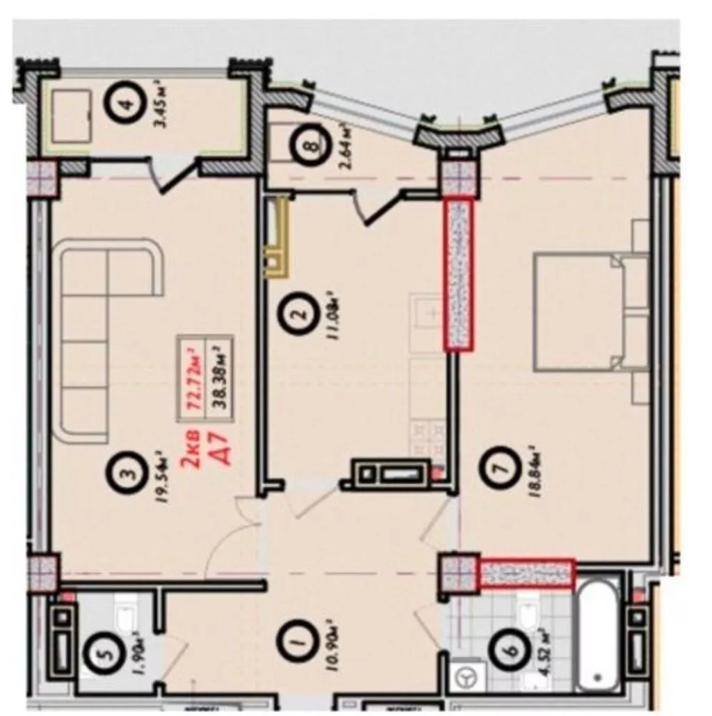 2 комнаты, 73 м², 8 этаж, ПСО (под самоотделку)