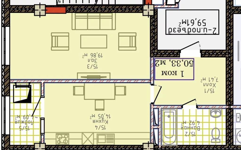1 комната, 50 м², 4 этаж, ПСО (под самоотделку)