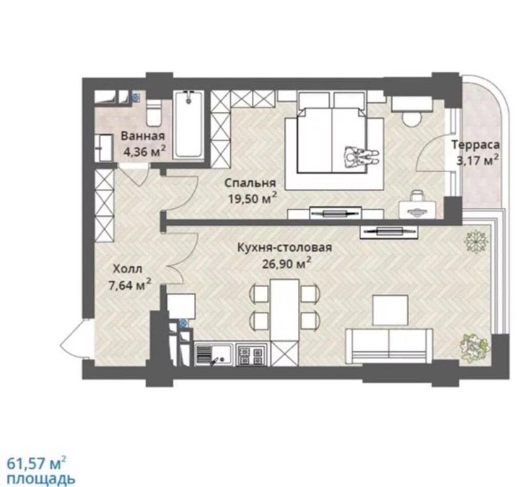 2 комнаты, 61 м², Орто-Сай с. Элитка, 2 этаж, ПСО (под самоотделку)