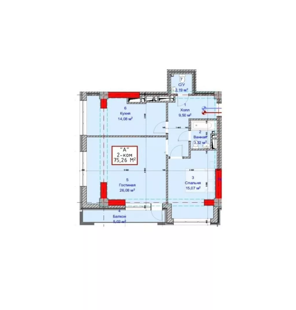 2 комнаты, 75 м², Южная Магистраль Элитка, 9 этаж, ПСО (под самоотделку)