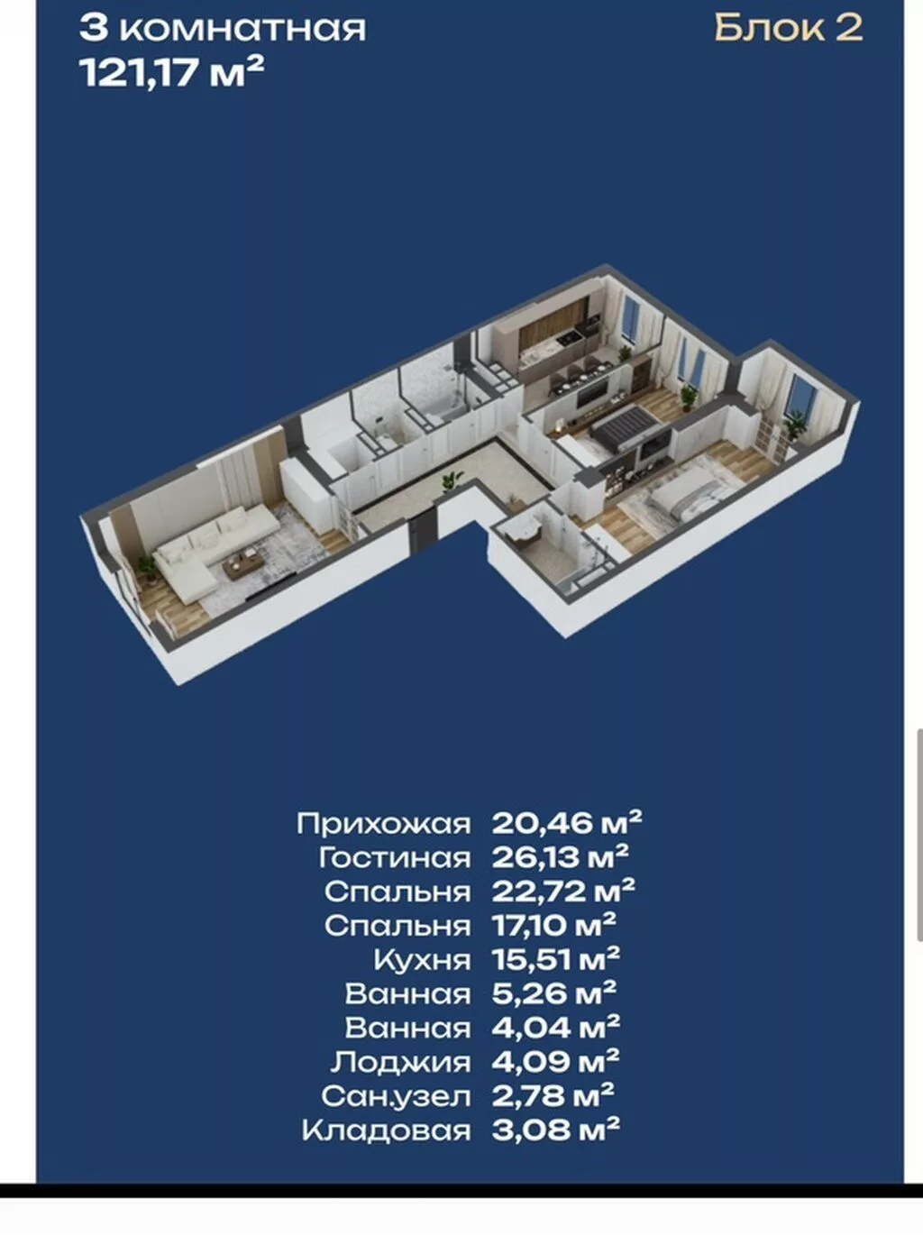 Строится, Элитка, 3 комнаты, 121 м²