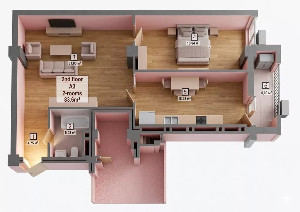 2 комнаты, 84 м², ул. Баха / Гагарина Элитка, 4 этаж, ПСО (под самоотделку)