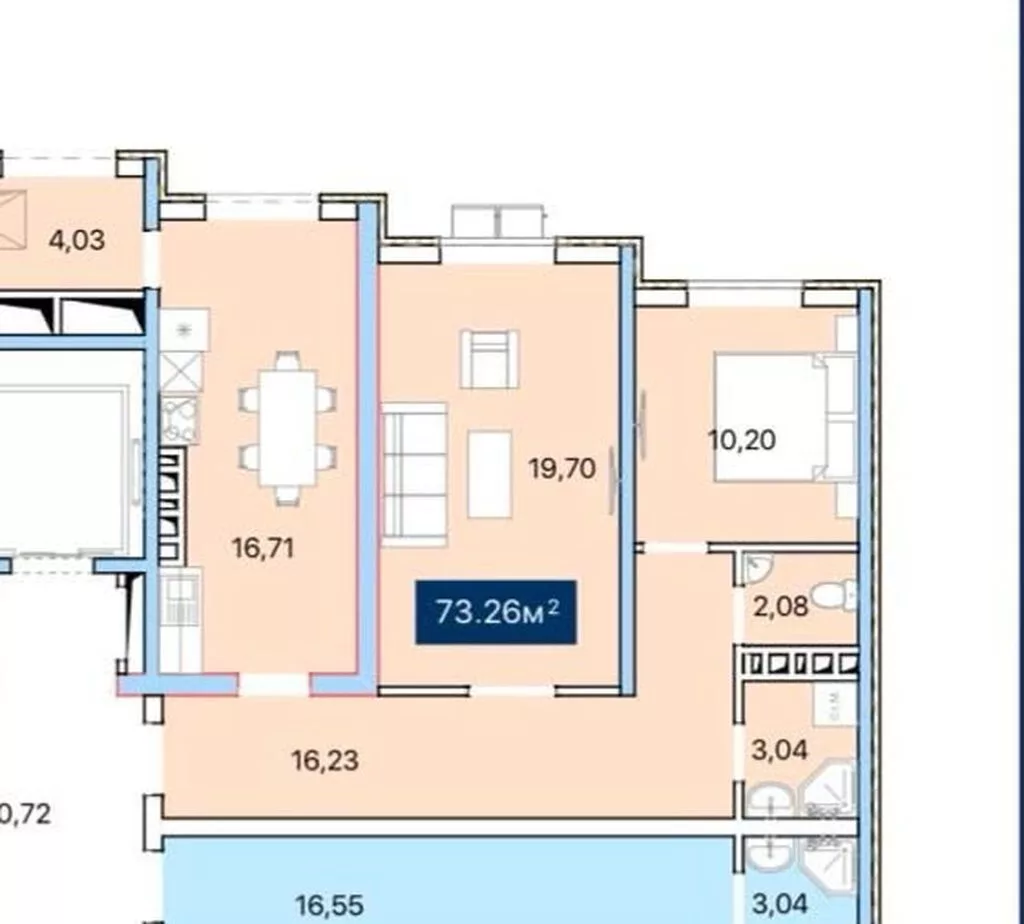 2 комнаты, 73 м²