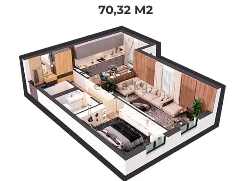 2 комнаты, 72 м²