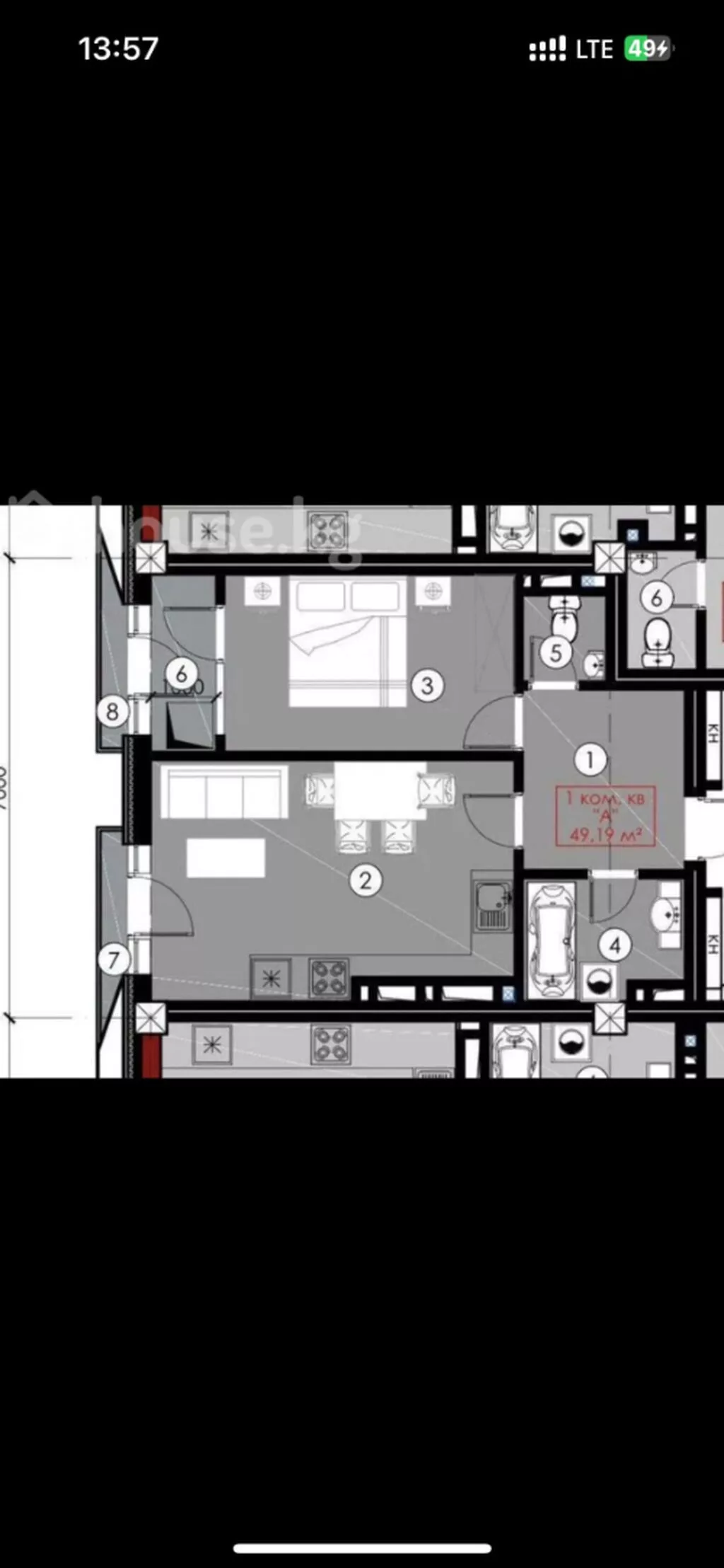 1 комната, 49 м², Таш-Рабат ТРЦ Элитка, 5 этаж, ПСО (под самоотделку)