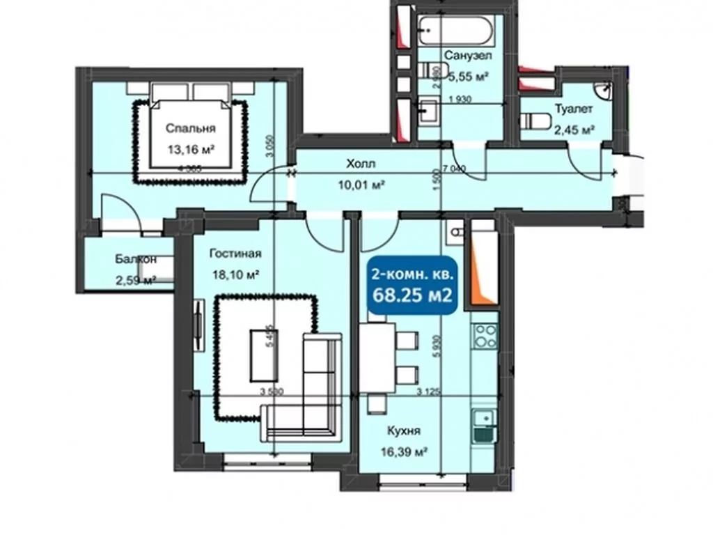 2 комнаты, 68 м², Кок-Жар ж/м Элитка, 3 этаж, ПСО (под самоотделку)