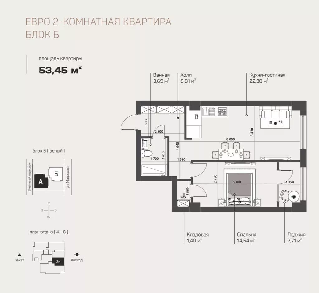 Строится, Элитка, 2 комнаты, 54 м²