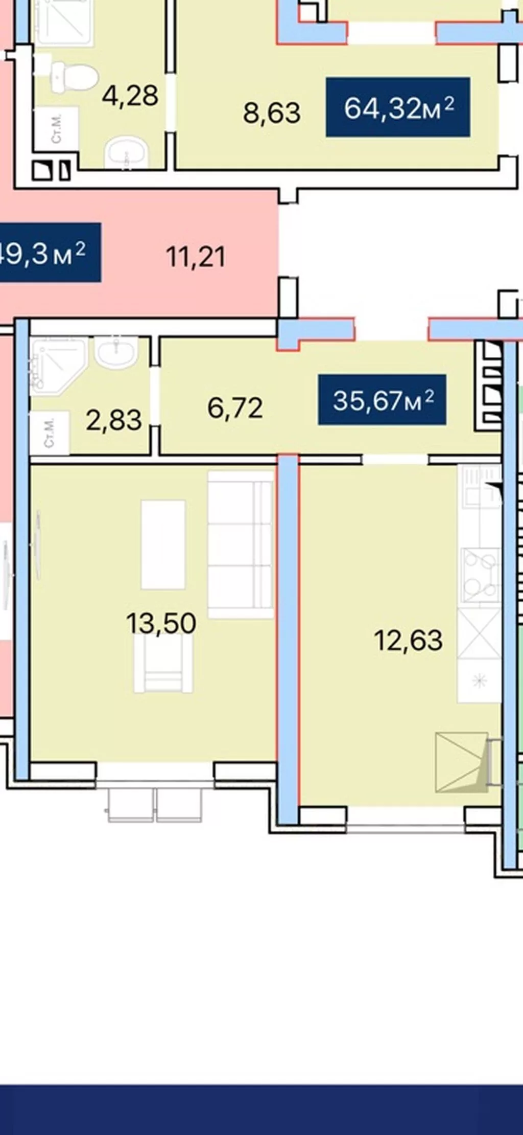 1 комната, 35 м²