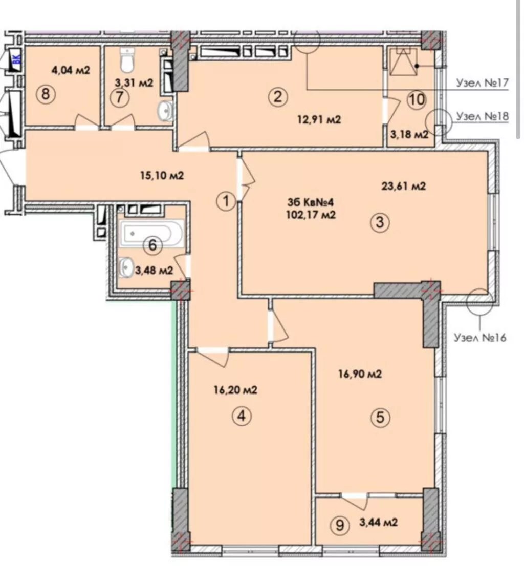 Строится, Элитка, 3 комнаты, 102 м²