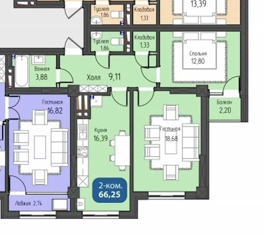 Строится, 2 комнаты, 66 м²
