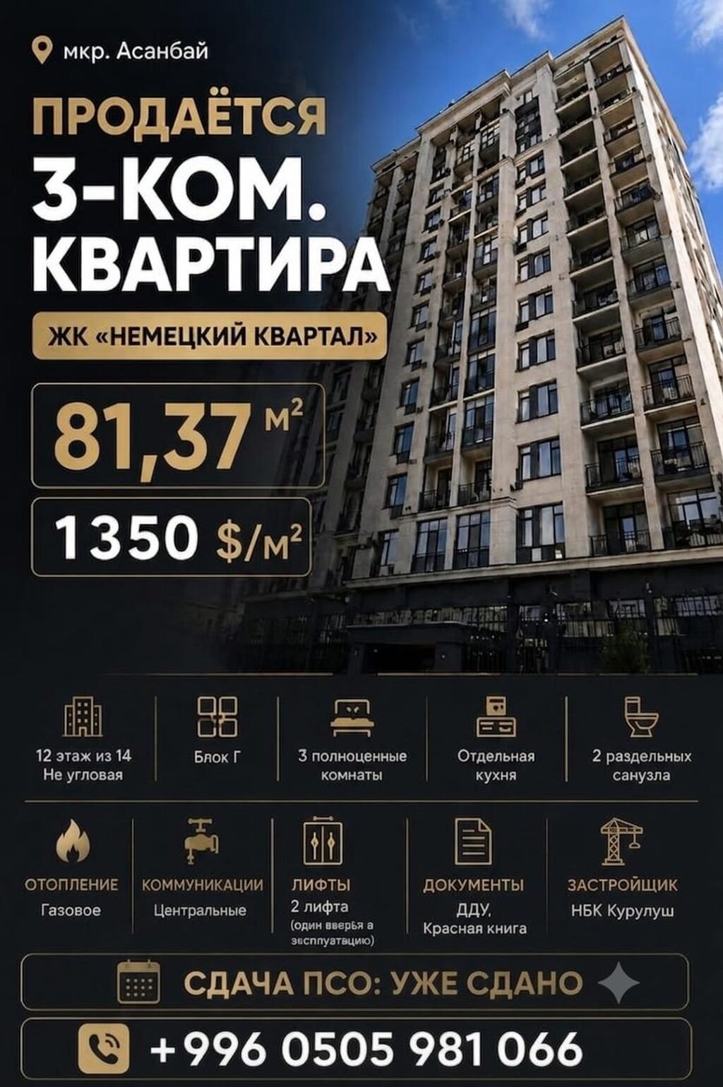 3 комнаты, 81 м², Асанбай мкр Элитка, 12 этаж, ПСО (под самоотделку)