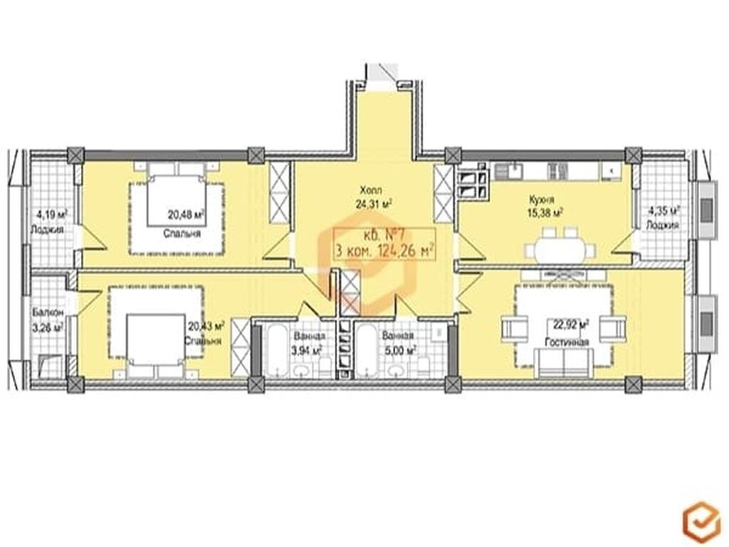3 комнаты, 124 м², Джал мкр (в т.ч. Верхний, Нижний, Средний) Элитка, 12 этаж, ПСО (под самоотделку)