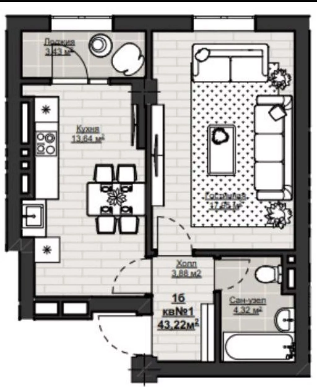 1 комната, 43 м², АУЦА Элитка, 6 этаж, ПСО (под самоотделку)