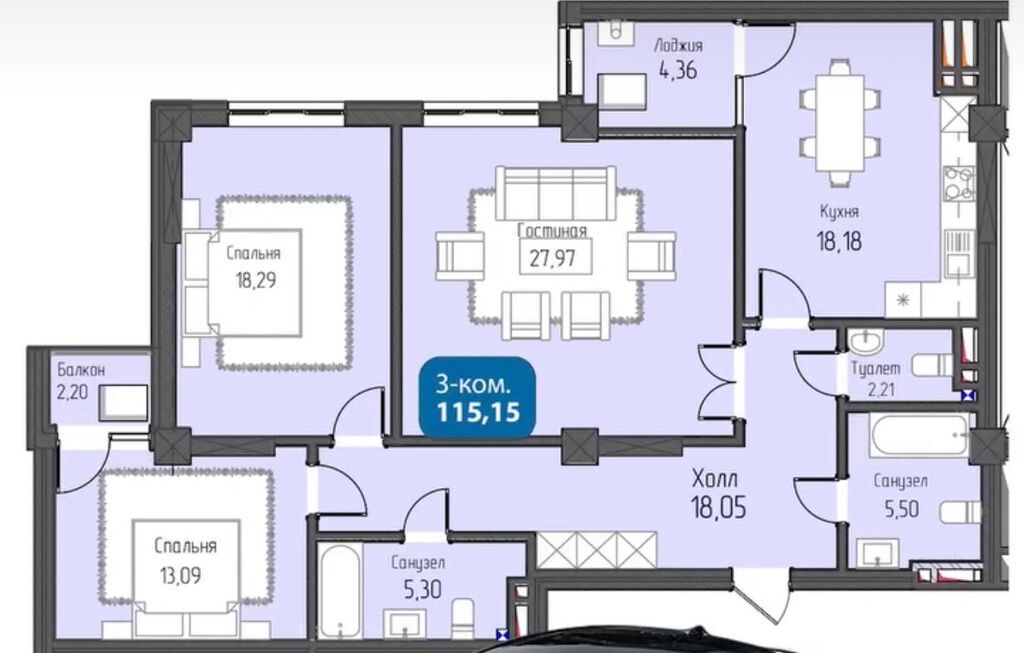 3 комнаты, 115 м², Элитка, 12 этаж, ПСО (под самоотделку)