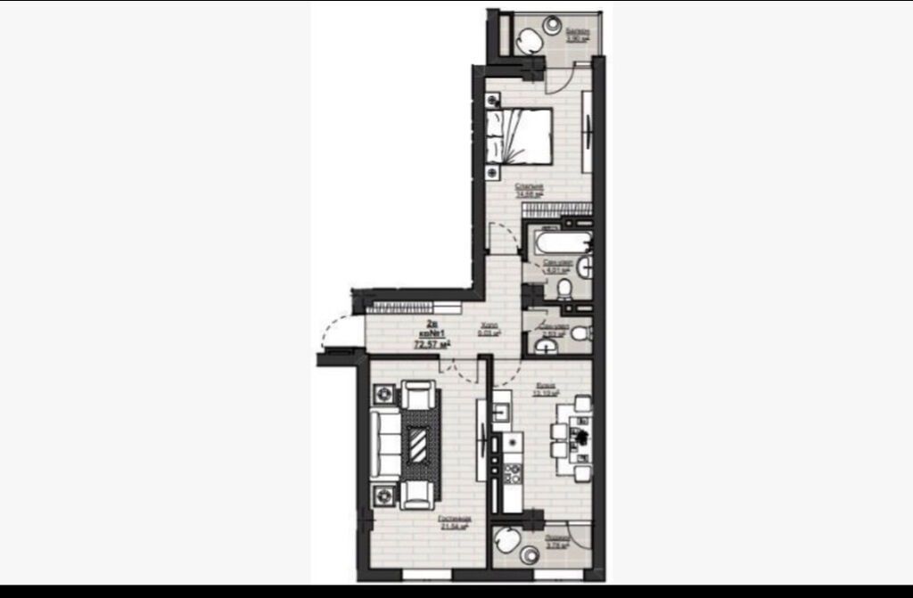 2 комнаты, 72 м², АУЦА Элитка, 5 этаж, ПСО (под самоотделку)