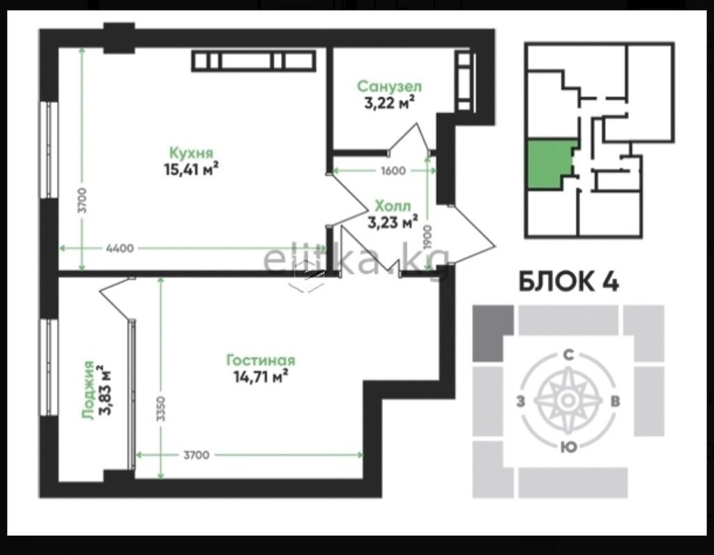 1 комната, 41 м², Тунгуч мкр Элитка, 11 этаж, ПСО (под самоотделку)
