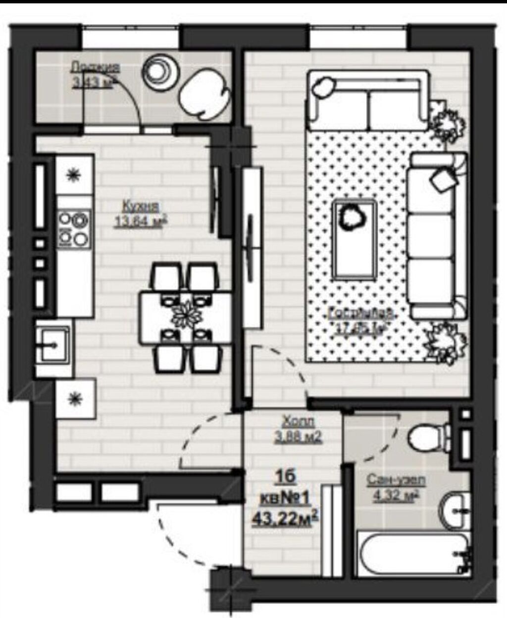 Строится, Элитка, 1 комната, 43 м²